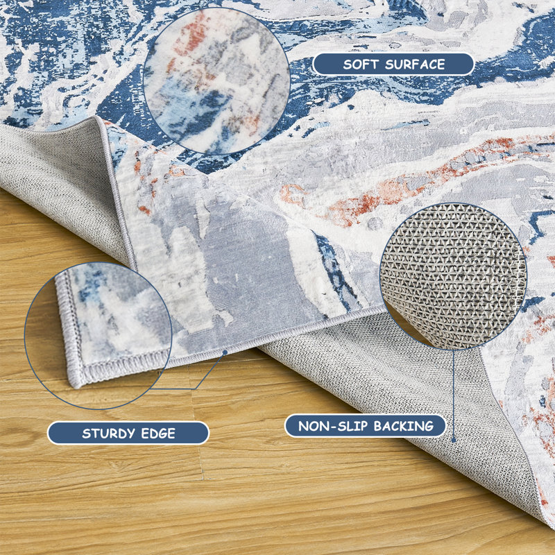 Kasperitis Non-Slip Machine Washable Abstract Area Rug in Blue/White/Grey for Living Room, Bedroom, Hallway Runner Indoor Rugs
