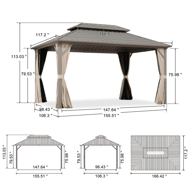 Purple Leaf 10' x 14' Outdoor Hardtop Gazebo, Champagne Aluminum Gazebo With Galvanized Steel Double Roof, Curtains And Netting For Patio Lawn And Garden