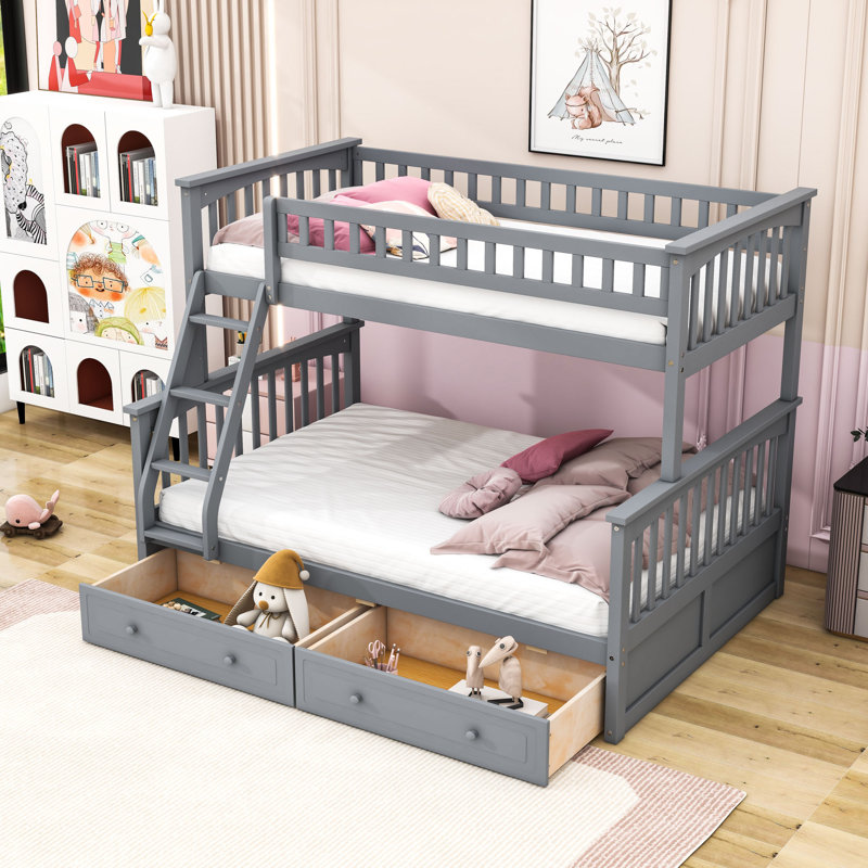 Lit superposé simple au-dessus d'un lit double en bois avec 2 tiroirs, gris