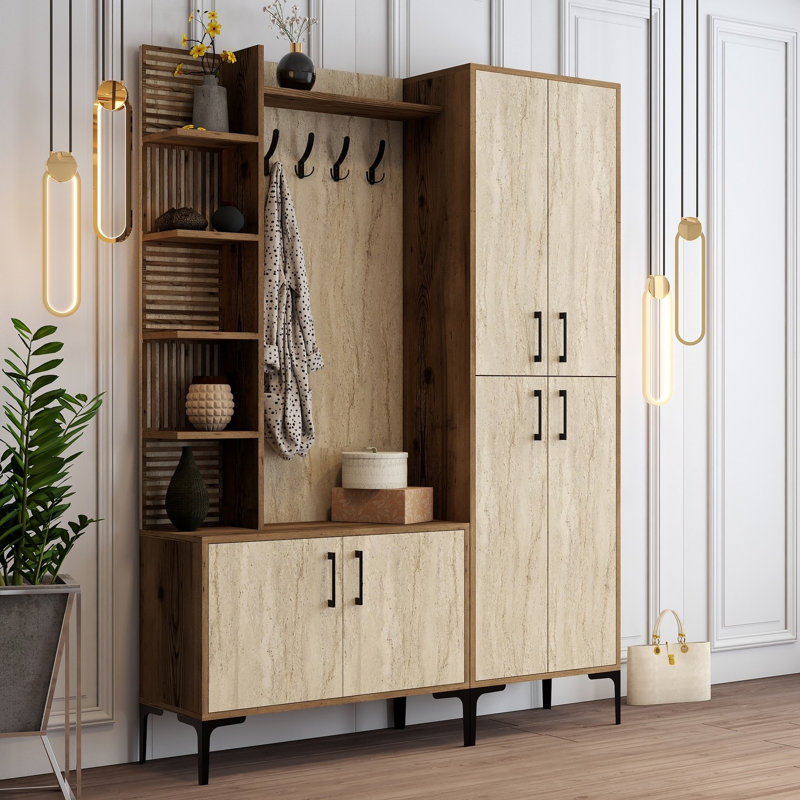 Modern Hall Stand with Numerous Shelves, 59.1 x 78.7 x 13.8 inches | 100% Melamine Coated Particle Board, Thickness: 0.7 inches | Wall-Mountable, Stylish & Functional Storage Solution