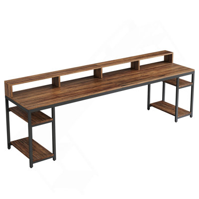Two Person Desk With Monitor Stand, 78.74" Long Double Computer Office Desk With Storage Shelves, Large Gaming Study Writing Table Workstation For Home Office (Rustic Brown)