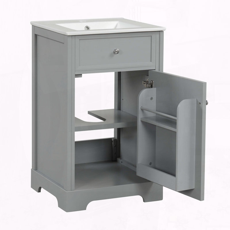 Meuble-lavabo moderne de 20 pouces avec lavabo en céramique et porte à fermeture en douceur, Gris