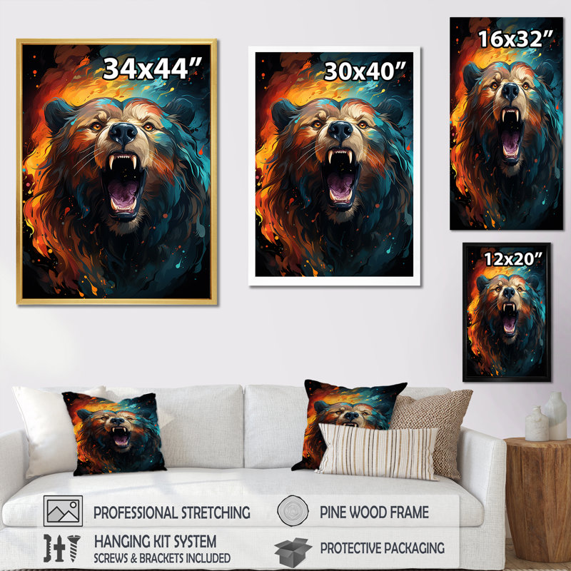 «Expressionist Portrayal Of A Grizzly Bear I», reproduction sur toile, H 32 po x l 24 po x P 1 po, Cadre flottant blanc