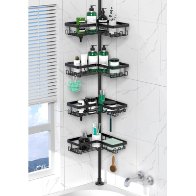 Poteau de tension de coin pour chariot de douche - Support de coin de douche en acier inoxydable antirouille à 4 niveaux pour baignoire et tablettes de rangement pour salle de bain, poteau réglable, 25 à 114,2 pouces, noir
