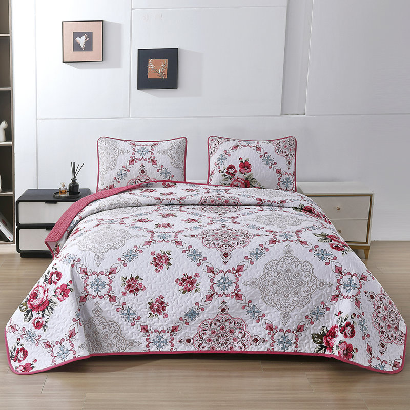 Ensemble de couvre-lit matelassé 3 pièces rétro rouge à motif floral mandala, couvre-lit léger Boho Chic Rose avec 2 taies décoratives et ensemble de literie toutes saisons