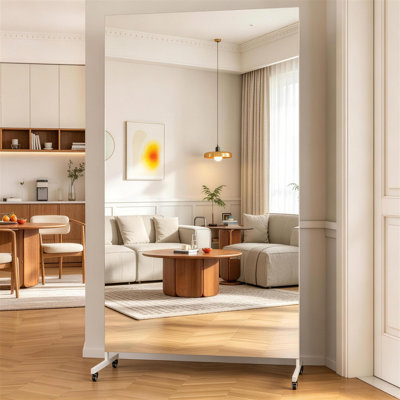 Miroir Home Gym 360 ° pivotant sur roulettes, 79 po x 40 po très grand corps roulant et verre trempé Miroir pleine longueur facile à déplacer pour studio de yoga, chambre à coucher, studio de danse, blanc