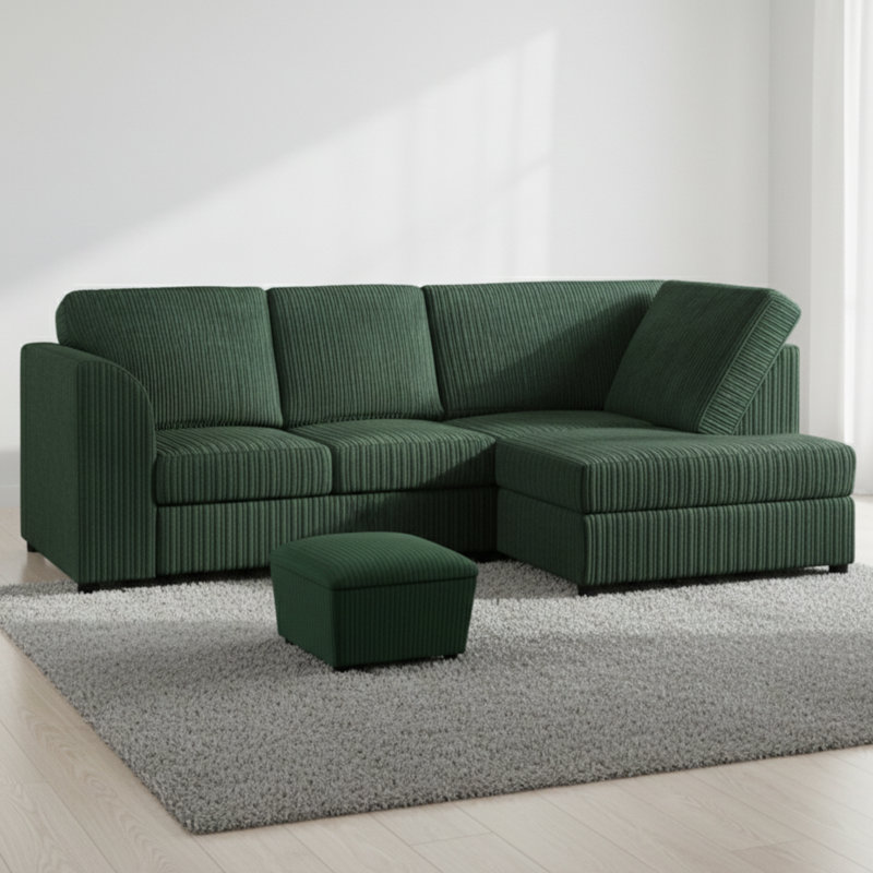 4 Seater Jumbo Cord Corner Sofa High Back Cushion including Foot Stool, Right Hand Facing, Forest Green