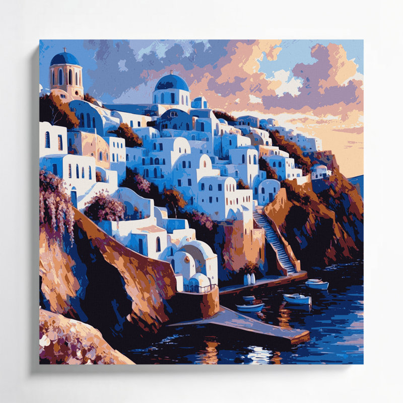 Art mural sur toile grises avec villes, Santorini, Grèce, H 12 po x l 12 po
