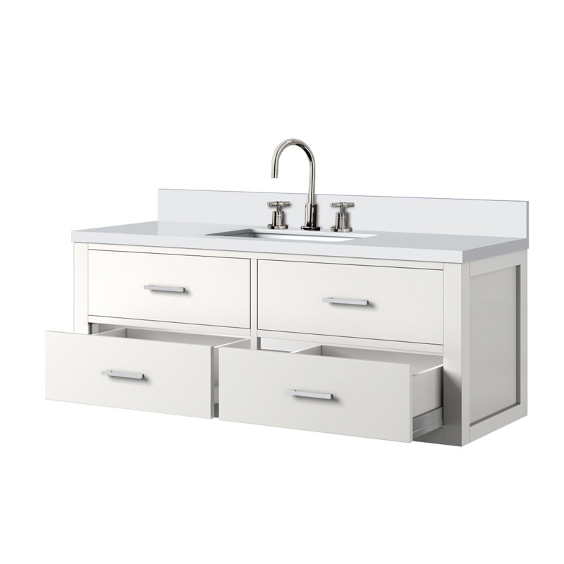 Ensemble de meuble-lavabo simple blanc l 48 po x P 22 po, comptoir en quartz blanc et robinet, Blanc