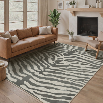 Tapis zèbre safari imprimé animal lavable beige / gris avec envers antidérapant