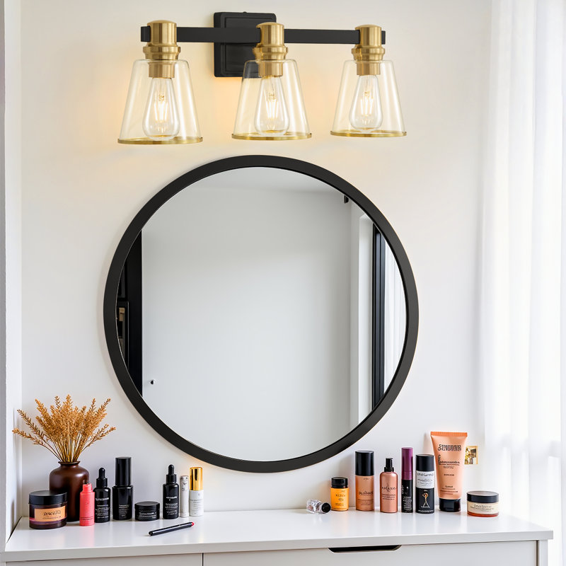 Luminaire de meuble-lavabo moderne à intensité variable Milasia avec abat-jour en verre transparent conique, Noir mat / Or, 3