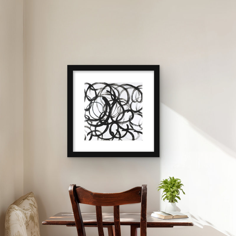 Lignes abstraites bouclées - reproduction encadrée en noir et blanc, Noir, H 16 po x l 16 po