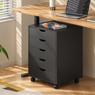 Arijus 18.7" Wide 5-Drawer Wood Filing Cabinet with Lockable Wheels, Under Desk Cabinet for Home Office, Black File Cabinet
