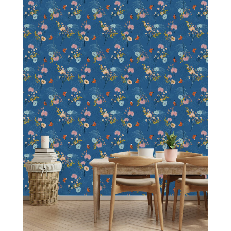 Carreau de papier peint adhésif floral bleu avec papillons L 18,75 pi x l 25 po