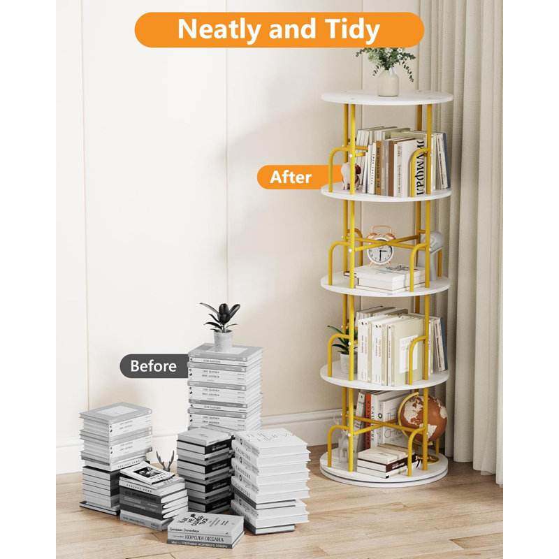 5-Tier Rotating Bookshelf, 360° Spinning Bookcase Tower, Space-Saving Stackable Storage Organizer For Home Office, Kids Room, And Small Spaces