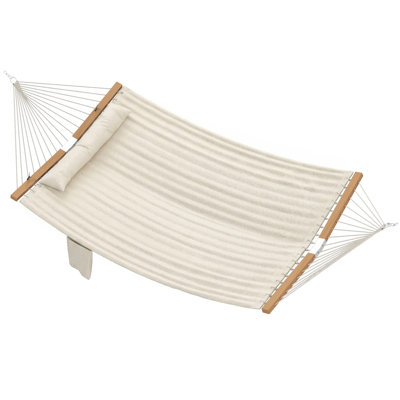 Double Hammock With Detachable Pillow, Anti-tip Beechwood Spreader Bars Outdoor Hammock With Pocket For Balcony Garden