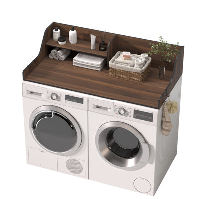 Washer Dryer Topper Shelf with Divided Storage & Side Hooks, Black Laundry Countertop Organizer for Side‑by‑Side Washer and Dryer