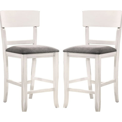 Chaise moderne à hauteur de comptoir 2, bois massif blanc, assise rembourrée grise, chaises de style contemporain blanc / gris, assise en tissu