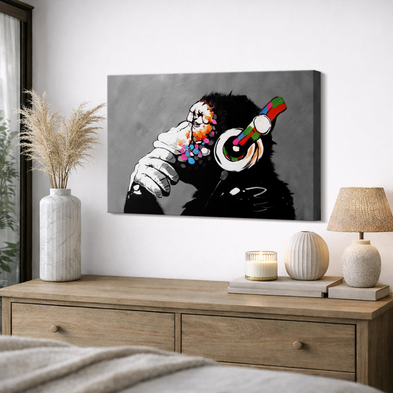 Pop Urban Street "Banksy Thinge Monkey With Head écouters, Toile tendue, H 32 po x l 48 po, Sans cadre