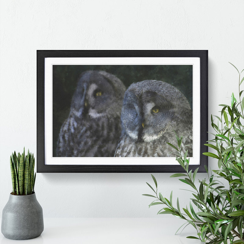 Great Grey Owls - Picture Frame Painting, 36cm H x 48cm W x 2cm D, Black Framed
