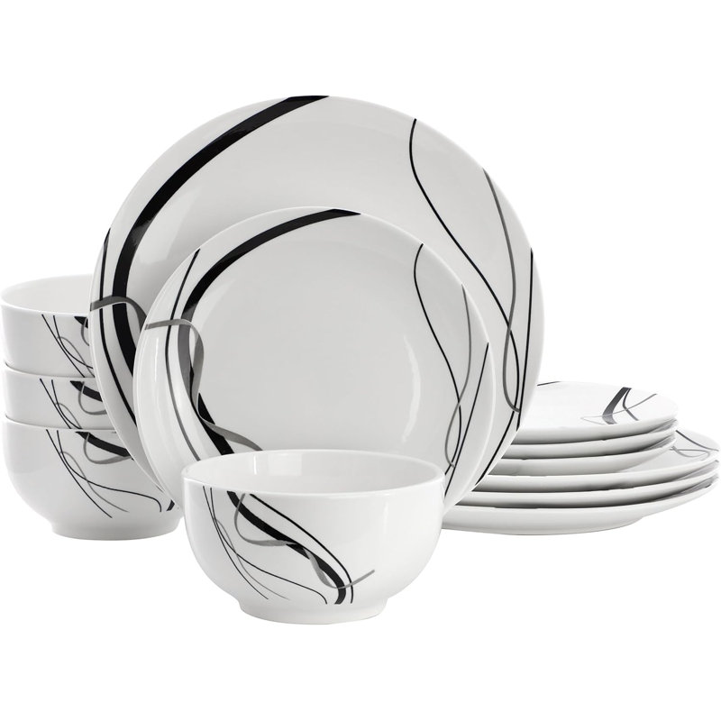 Service de vaisselle en porcelaine pour 4, assiettes et bols en ruban noir et blanc, ensemble de vaisselle allant au micro-ondes et au lave-vaisselle 12 pièces