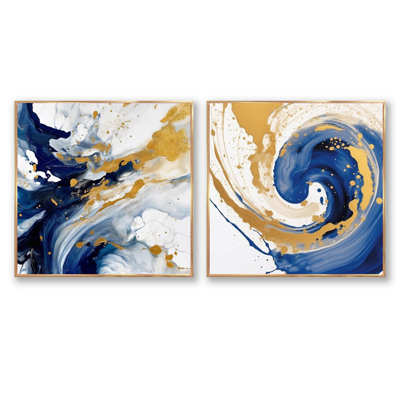 Bleu foncé et spirale dorée - ensemble de 2 collages carrés abstraits en spirale, H 16 po x l 33 po, Encadrement doré