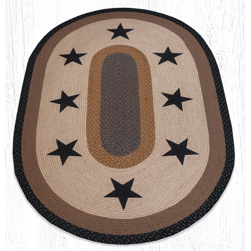 Earth Rugs Oval Patch Tread Rug Black Stars Pattern, Braided Jute, Rustic Americana Accent Rug, Oval 4' x 6'