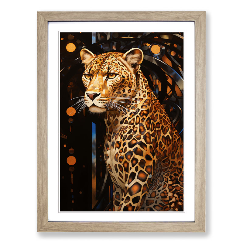 Leopard Art Deco - Single Picture Frame Print on Wood, Oak Framed, 46cm H x 34cm W x 2cm D
