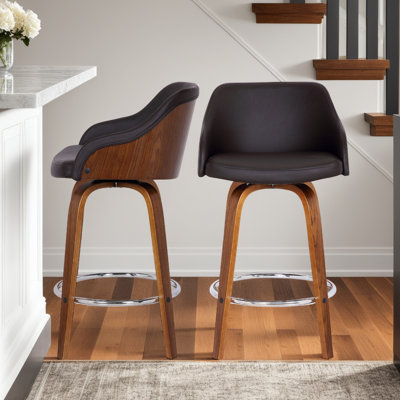 Aiken Swivel Counter or Bar Height Bar Stool with Arms in Faux Leather, Plywood and Metal Footrest