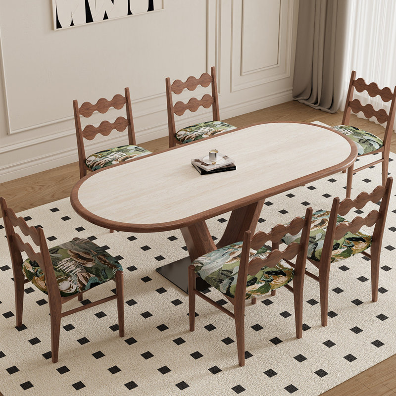 Table de salle à manger moderne minimaliste ovale avec supports en forme de V et plateau en pierre frittée