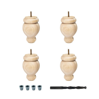 6in H x 4in Diameter Unfinished Solid Hardwood Sofa and Chair Bun Foot Leg Pack of 4