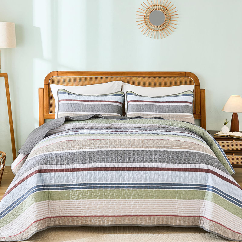 Ensemble de couvre-lit rayé 3 pièces Boho, Courtepointe grand + 2 taies d'oreiller, Gris sauge