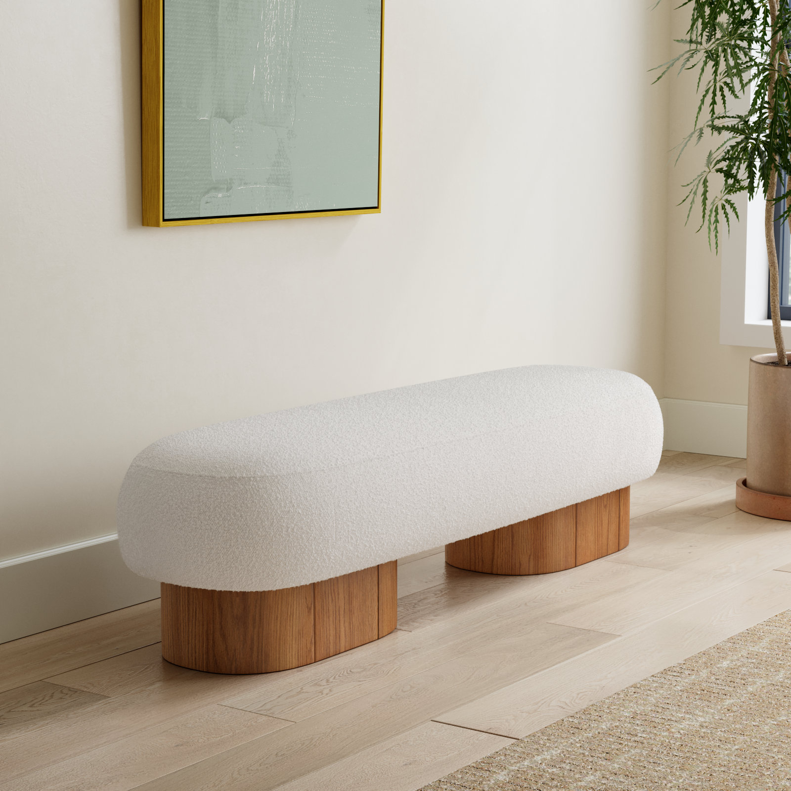 Denyer Boucle Fabric Upholstered Bench, Cream Boucle Fabric, Natural