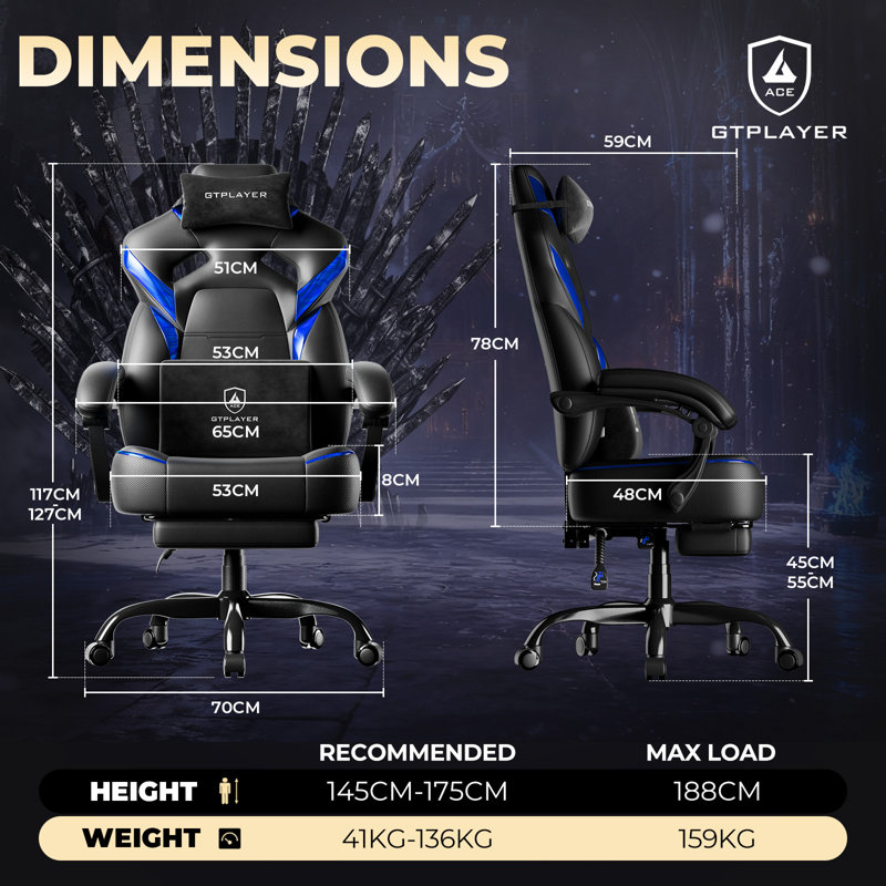 GTPLAYER Adjustable Faux Leather Swiveling PC & Racing Game Chair, Dark Blue/Iridescent