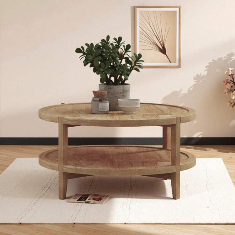 Table basse ronde en bois d'hévéa de 35,5 po avec tablette de rangement brun érable chaud