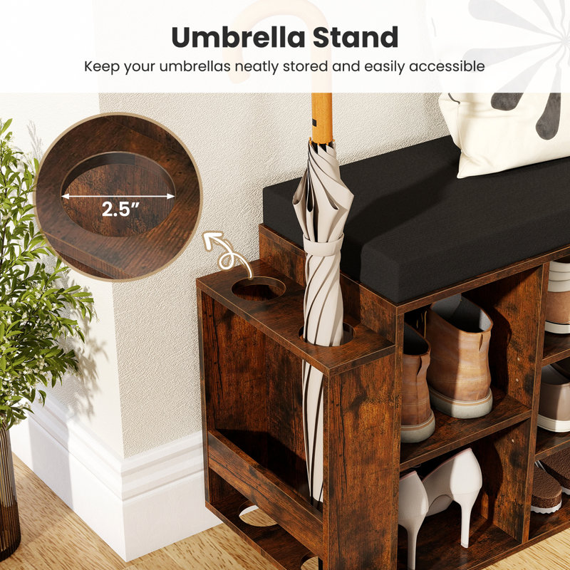 Banc de rangement pour chaussures avec porte-parapluie, siège rembourré, tablettes réglables et amovibles