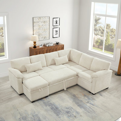 Canapé d'angle modulaire en L 97 po avec siège et repose-pieds de rangement en L 97 po, canapé d'angle en chenille avec 7 sièges et 2 coussins pour le salon