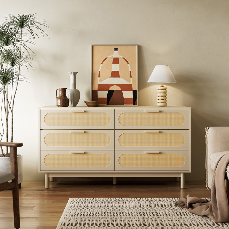 55.1" W Rattan 6 - Drawer Dresser