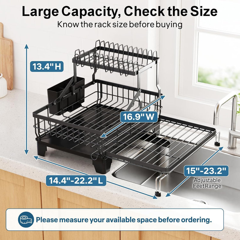 Grand égouttoir à vaisselle à 2 niveaux - Espace de séchage extensible pour lavabo et comptoir, bec à vidange automatique, cadre fixe à vis stable