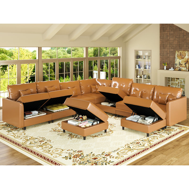 Canapé modulaire surdimensionné en U avec 8 sièges et canapé modulaire avec repose-pieds gris foncé, Brown Faux Leather