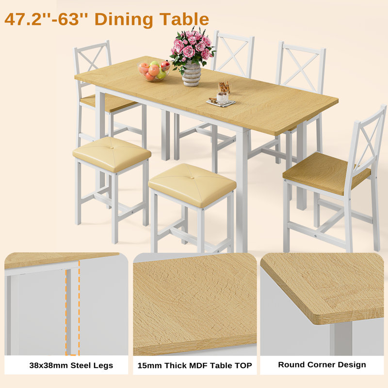 Farmhouse Style 7-Piece Dining Table Set For 4-6 People, 63" Extendable Kitchen Table Set With 4 Dining Chairs And 2 PU Upholstered Stools