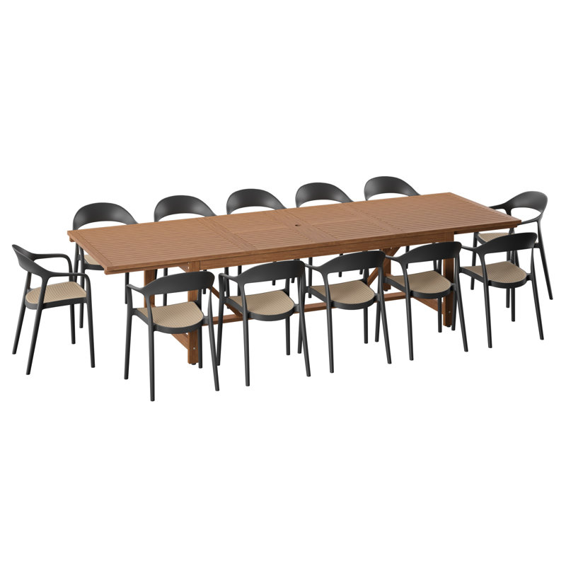 Whately 13-Piece Outdoor Rectangular Extendable Dining Table And Chairs Set | Teak Finish | Ideal For Patio, Light Brown Table & Black Chairs