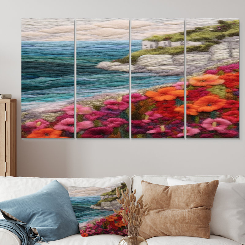 «Red Mountain Flowers», broderie «Beach Town» - art mural plage et océan pour le salon, 4 pièces, H 28 po x l 48 po