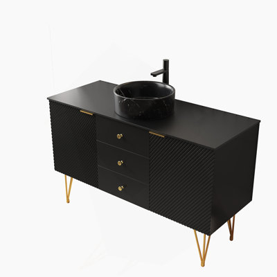 Meuble-lavabo 48 po, meuble-lavabo autoportant en contreplaqué avec pieds dorés, 3 tiroirs et 2 portes, vasque en céramique à motif de pierre noire et plateau en pierre frittée noire, noir