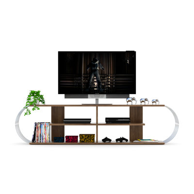 Meuble télé Mid-Century moderne avec 4 tablettes, 68 po en noyer / centre de divertissement, rangement ouvert, rangement en bois massif