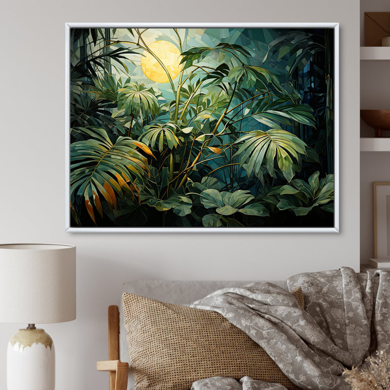 «Fantasy Jungle Plants Under Moonlight II», reproduction sur toile, Cadre flottant blanc, H 16 po x l 32 po x P 1 po