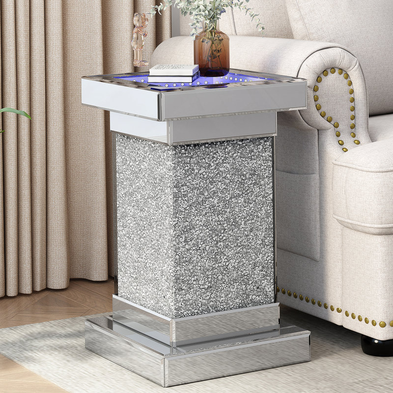 Table d'appoint 11,8 po à miroir carré argenté avec lumières DEL, table d'appoint moderne avec diamant concassé