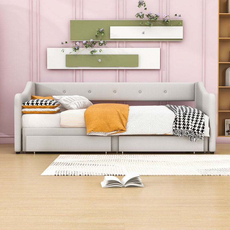 Lit de jour rembourré extensible simple TG avec très grand lit avec tiroirs de rangement, Beige
