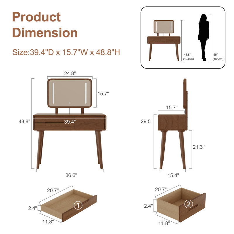 Solid Wood Makeup Vanity, Detachable Mirror, Adjustable Lighting, Equipped with Three Drawers, 39.4" W, Brown