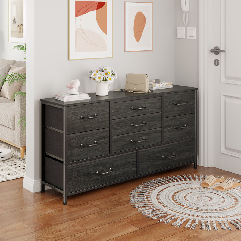 Commode 9 tiroirs en tissu avec plateau en bois, commode de rangement, Chêne noir